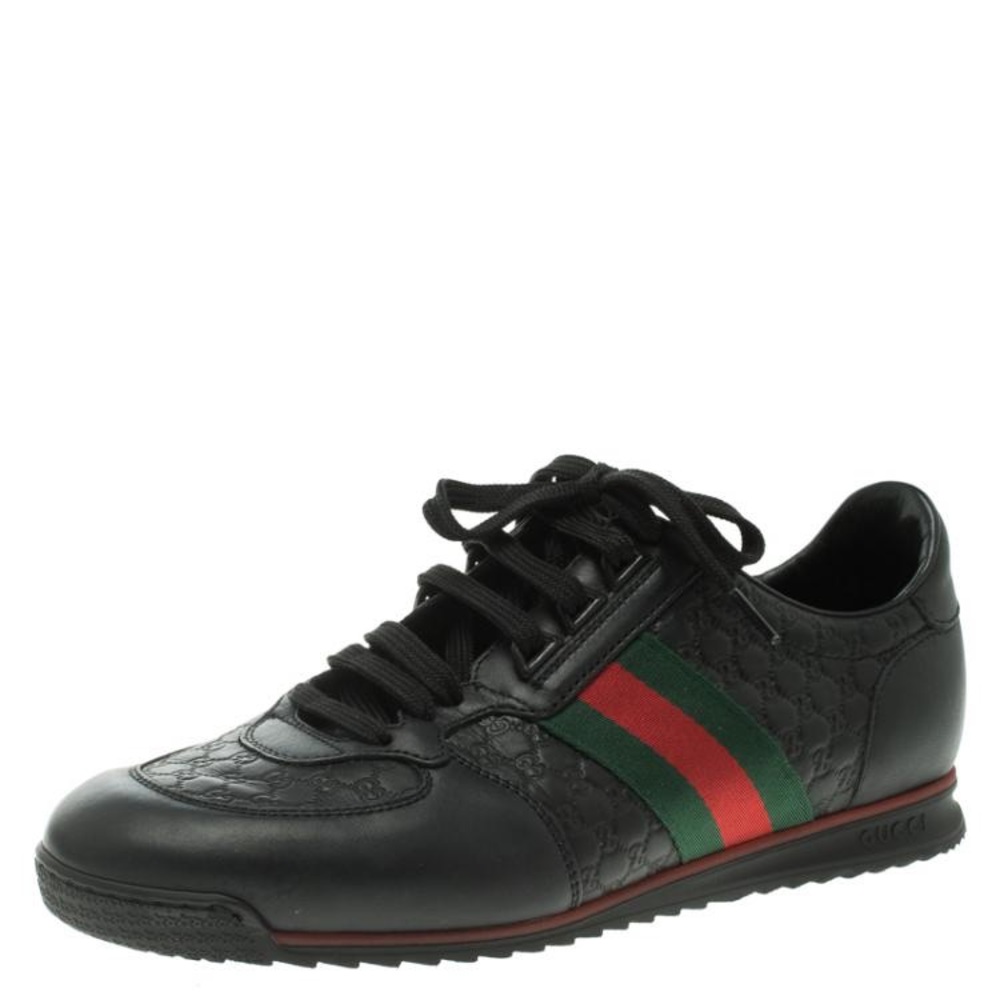 Gucci Black Guccissima Leather Web Detail Lace Up Sneakers Size 44